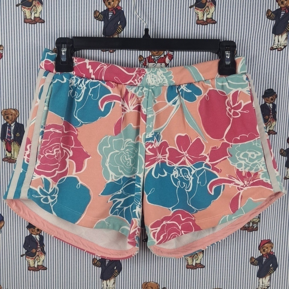Adidas floral print 2 pocket Women's SM peach & blue casual elastic band shorts